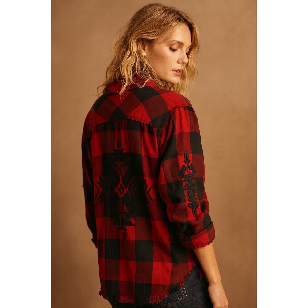 Rails Aztec Flannel Shirt S Boho Embroidered Top Buffalo Plaid Festival Raw Hem
